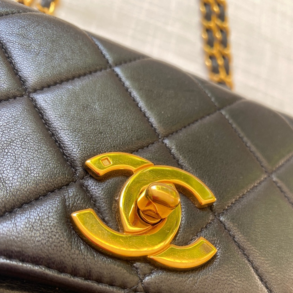 Authentic Chanel Vintage 90s Black and Gold Chain Quilted Shoulder Bag